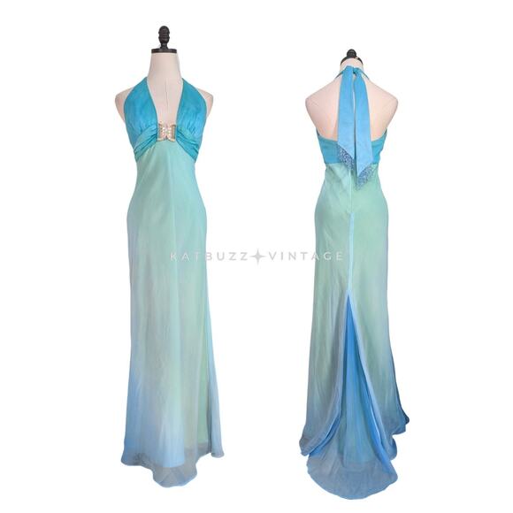 Vintage Cache Prom Dress Maxi Gown 6 Blue Green Y2K Fairy Mermaid Ombre Halter - Picture 1 of 13